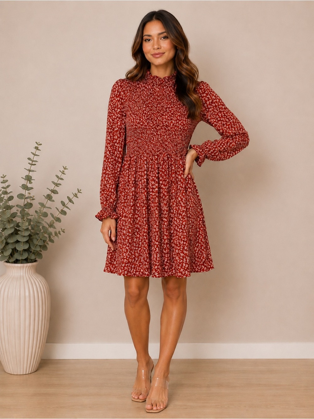 Hesperus Red Floral Smocked Above Knee Dress Size S